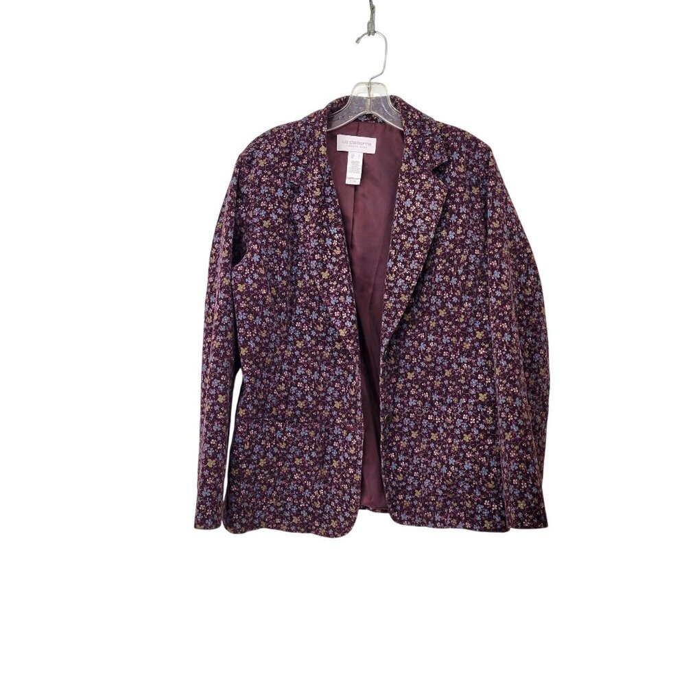 Liz Claiborne Floral Corduroy Blazer Jacket Womens Size L Burgundy Lined